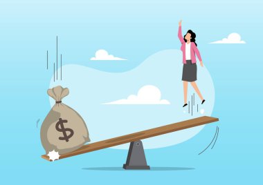 Tahterevallinin bir ucuna dolar işareti konan büyük bir para çantasının çizimi, bir iş kadınını havaya kaldırıyor. Girişim finansmanı ve stratejik yatırımı sembolize ediyor