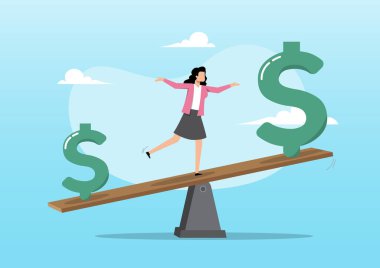Küçük yeşil dolar işareti ile büyük yeşil dolar işareti arasında tahtadan bir tahterevalli üzerinde dengede duran bir iş kadını çizimi mali seçenekleri, karı ve zararı temsil ediyor.