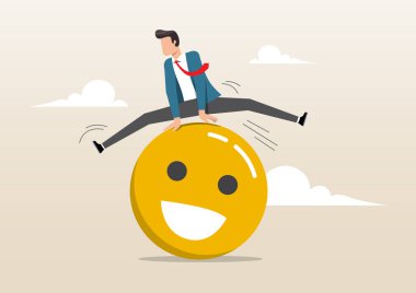 Büyük sarı bir gülen yüz ikonunun üzerinden atlayan takım elbiseli profesyonel bir adamın çizimi. Bu kavram yüksek iş memnuniyetini ve pozitif şirket kültürünü sembolize eder.