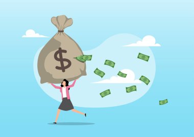 Banknotlar çantadaki gizli bir delikten uçarken dev bir çuval para taşıyan profesyonel bir kadının resmi. Finansal atık ve sermaye sızıntısını temsil ediyor