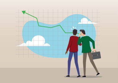 Artan yeşil bir eğilim çizgisine sahip şebeke çizgisi altında duran iki iş adamının resmi. Bir adam diğerinin kulağına fısıldıyor, gizli bilgi alışverişini öneriyor.