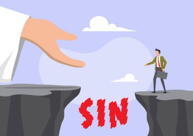 Kurtuluşun ve ahlaki engellerin üstesinden gelmenin ruhani bir metaforunu tasvir eden bir çizim. Bir iş adamı sivri bir uçurumun kenarında duruyor, 