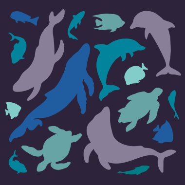 Sualtı deniz siluetleri. Düz Çizim