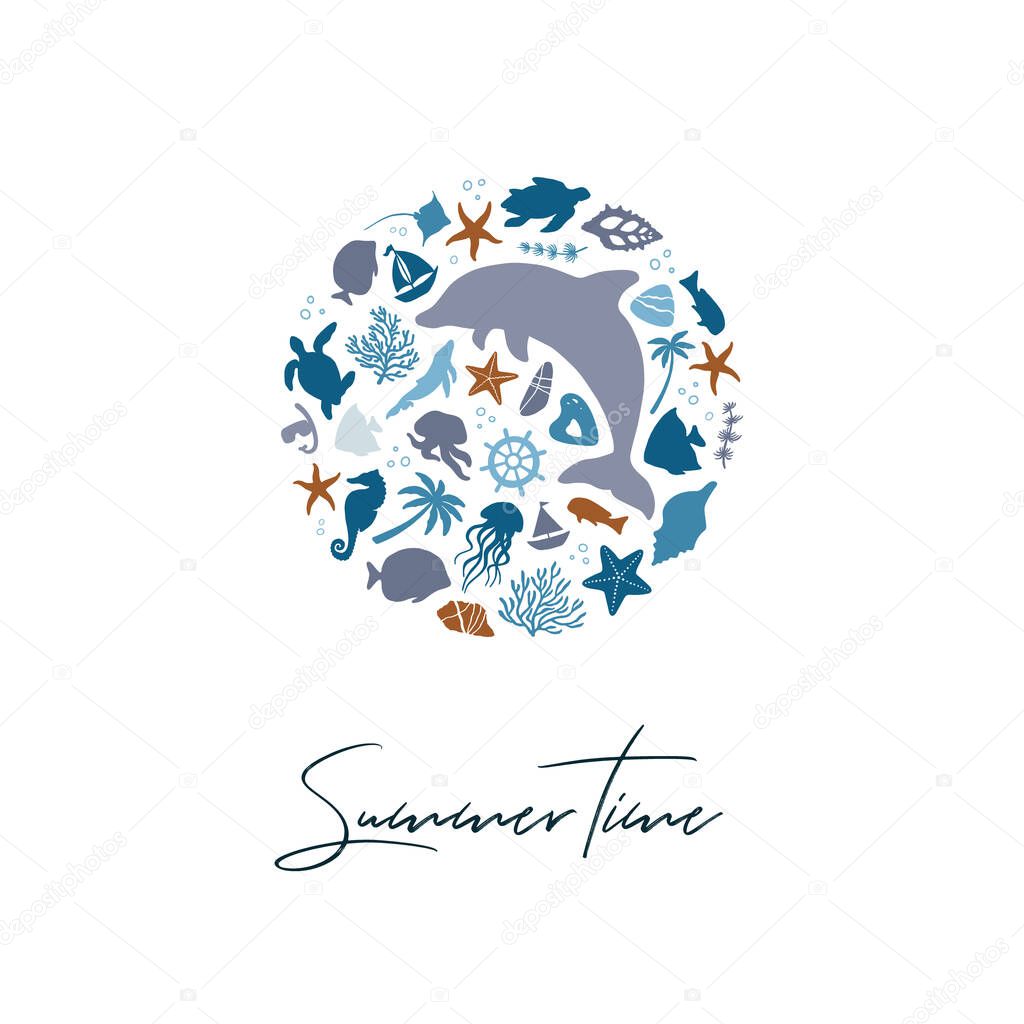 Flat vector illustration. Card template. Summer time concept