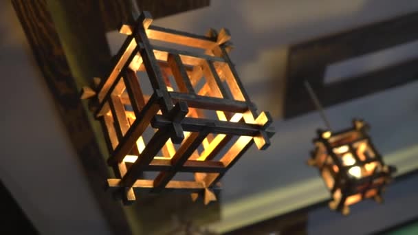 Wooden Lantern Swaying Ceiling Interior Light Warm Yellow Light Electric — Stock Video