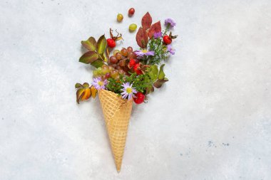 Sonbahar yapraklı dondurma külahı, açık gri arka planda gül kalçası ve çiçekler. Tebrik kartı. Uzayı kopyala, düz yat. Kavramsal fotoğraf, sonbaharın hediyeleri. Sonbahar sakin bir hayat.