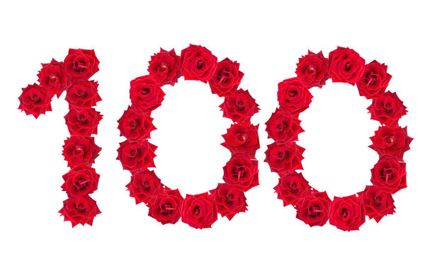 Numeral 100 made of red roses on a white isolated background. Red roses. Element for decoration. One hundred