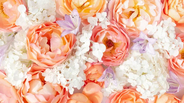 Fundo Floral Delicado Rosas Hortênsias Sinos Vista Superior Com Espaço — Fotografia de Stock