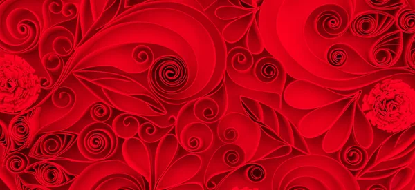 情人节深红色的背景 别致的红色背景与剪纸艺术风格的花卉元素 用卷发和旋涡做横幅的令人毛骨悚然的纸浪漫背景和设计模板 — 图库照片