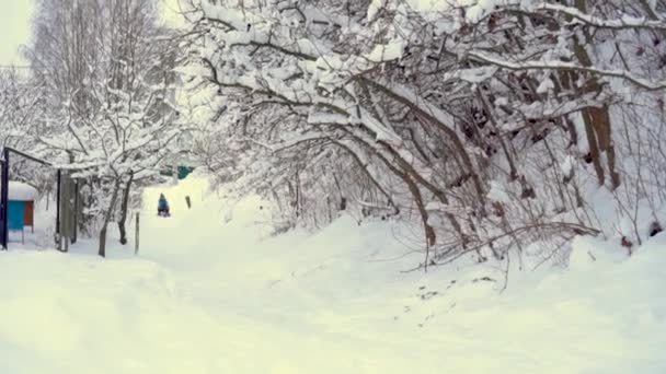 那男孩在晚上开车沿着雪地滑行. — 图库视频影像