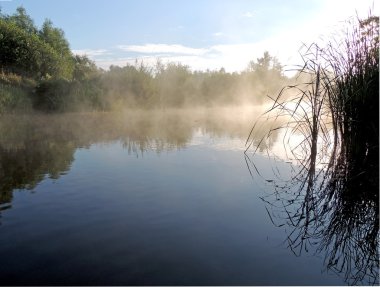 Yaz sabah şafak nehir sis