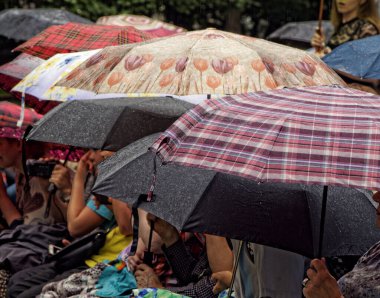 Yağmurlu bir günde insanları oturtarak şemsiyeleri aç