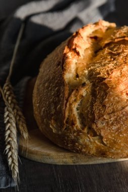 El yapımı tartin ekmeği buğday kulaklarının yanındaki ahşap bir yüzeyde yatar. Çiftçilik ve ev yapımı konsepti