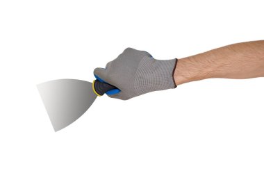 Eldivenli adam elinde bir spatula tutuyor.. 