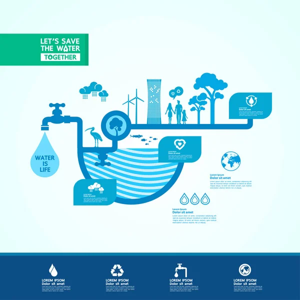 Speichern Sie Das Wasser Für Grüne Ökologie Weltvektorillustration — Stockvektor