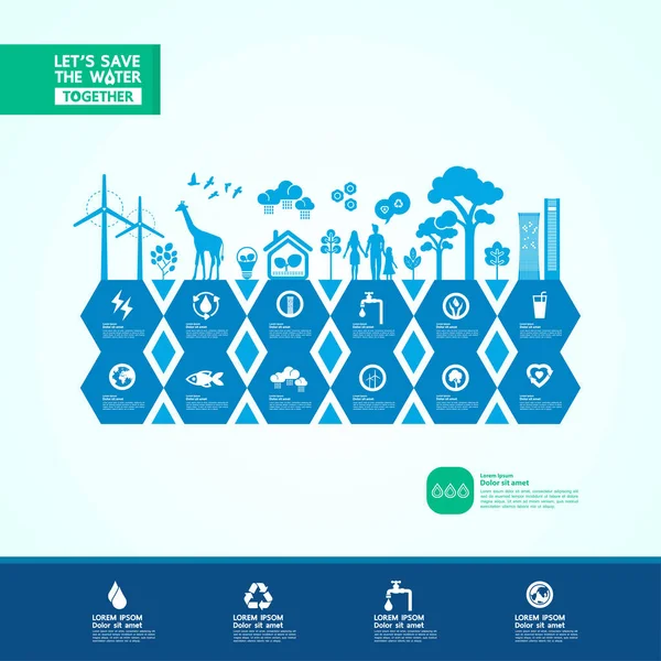 緑の生態系の世界のベクトル図のために水を保存 — ストックベクタ