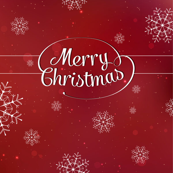 Merry Christmas interlaced lettering with snowflakes on red background vector card