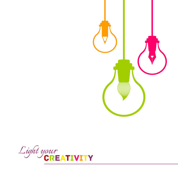 Visualización creativa de bombillas e instrumentos de diseño gráfico ilustración vectorial de fondo — Vector de stock