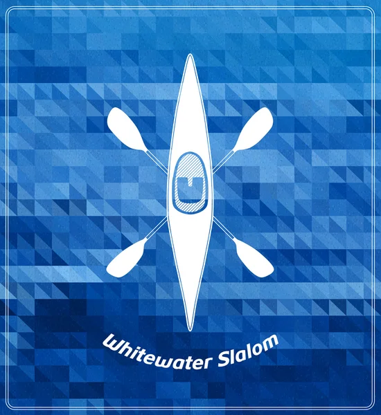 Whitewater peddel sport illustratie. Witte silhouet op diep blauwe achtergrond. Boot symbool woth gekruist peddels. — Stockvector