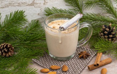 Geleneksel bayram içkisi. Çiğ tavuk yumurtası ve süte dayalı tatlı bir içecek. Rendelenmiş hindistan cevizi ve tarçınlı Noel kokteyli. Külahlı bir ladin dalının arka planı. xmas iç..