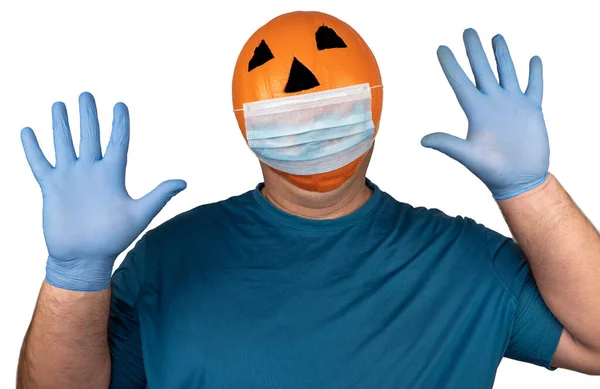 Dynia Halloween Medycznej Twarzy Bandażem Oddechowym Operacyjna Maska Ochronna Osoba — Zdjęcie stockowe