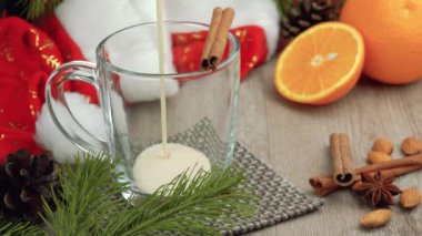 Geleneksel bayram içkisi. Çiğ tavuk yumurtası ve süte dayalı tatlı bir içecek. Rendelenmiş hindistan cevizi ve tarçınlı Noel kokteyli. Külahlı bir ladin dalının arka planı. xmas iç..