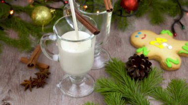 Geleneksel bayram içkisi. Çiğ tavuk yumurtası ve süte dayalı tatlı bir içecek. Rendelenmiş hindistan cevizi ve tarçınlı Noel kokteyli. Külahlı bir ladin dalının arka planı. xmas iç..