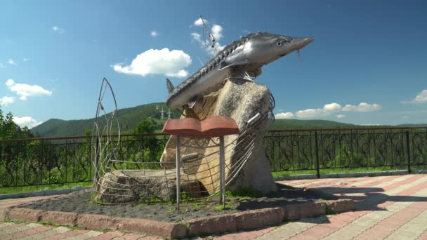 Russia Krasnoyarsk July 2021 Monument Book Victor Astafiev King Fish — Stock Video