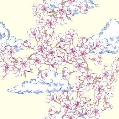 Dikişsiz desen Sakura ve bulutlar
