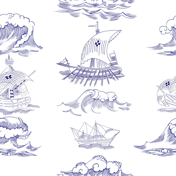 Naadloze patroon met golven en schepen — Stockvector