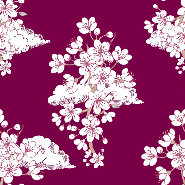 桜と雲とのシームレスなパターン — ストックベクタ