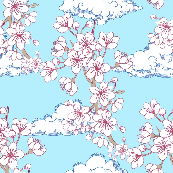 Nahtloses Muster mit Sakura und Wolken — Stockvektor