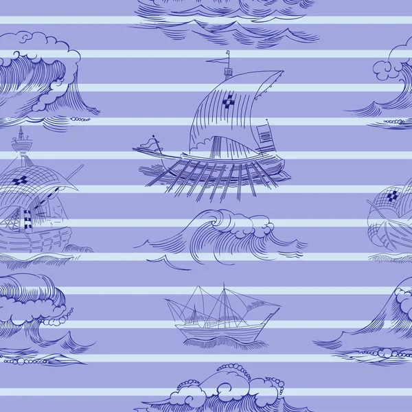 Nahtloses Muster mit Wellen und Schiffen — Stockvektor