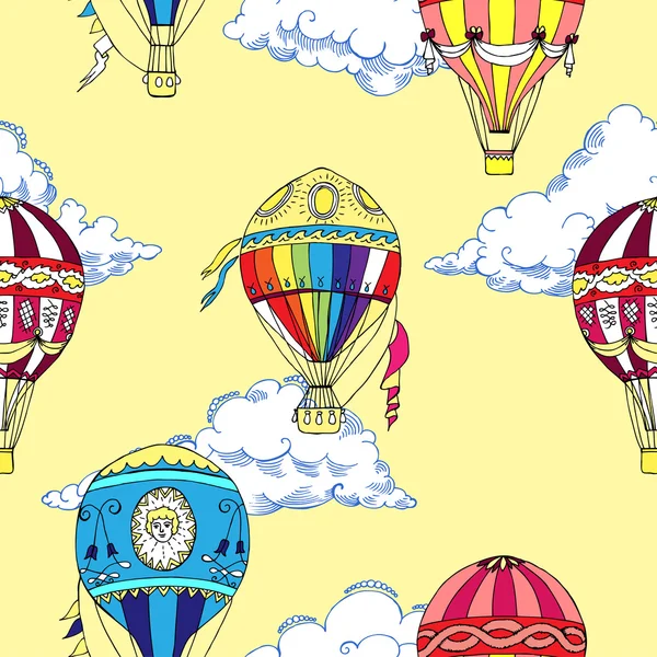 Seamless pattern with clouds and hot air ballons — Stock Vector