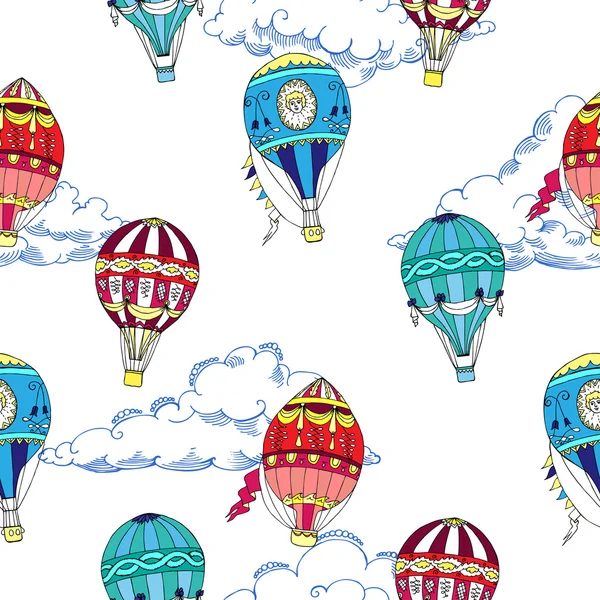 Seamless pattern with clouds and hot air ballons — Stock Vector