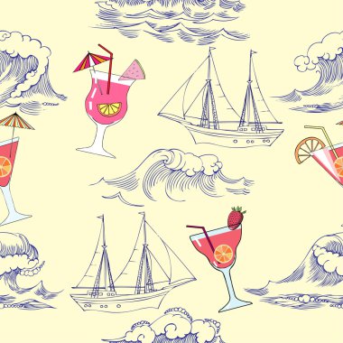 Dalgalar, gemi ve kokteyller ile Seamless Modeli