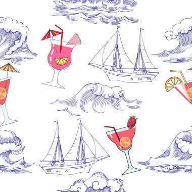 Dalgalar, gemi ve kokteyller ile Seamless Modeli