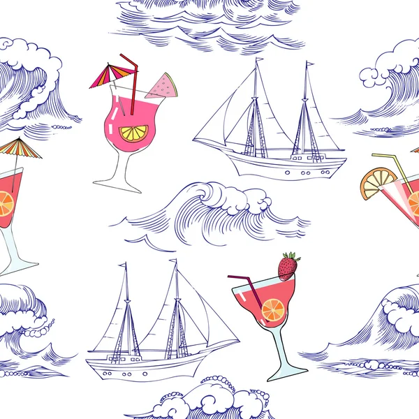 Seamless pattern with waves, ships and cocktails