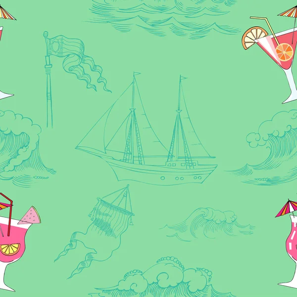 Seamless pattern with waves, ships and cocktails