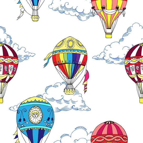 Seamless pattern with clouds and hot air ballons — Stock Vector