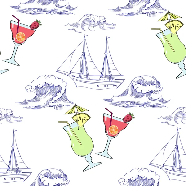 Seamless pattern with waves, ships and cocktails