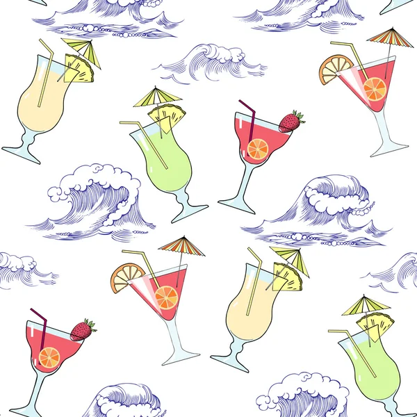 Seamless pattern with waves, ships and cocktails — Stock Vector