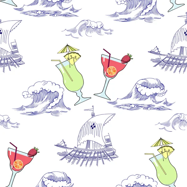 Seamless pattern with waves, ships and cocktails — Stock Vector