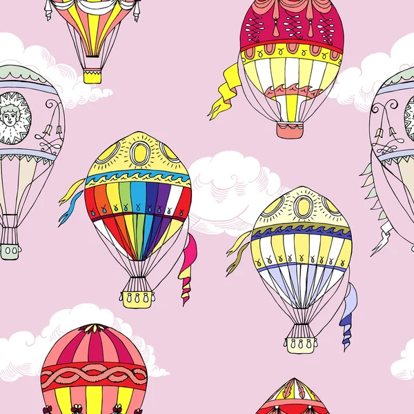 Naadloze patroon met wolken en hete lucht ballons — Stockvector