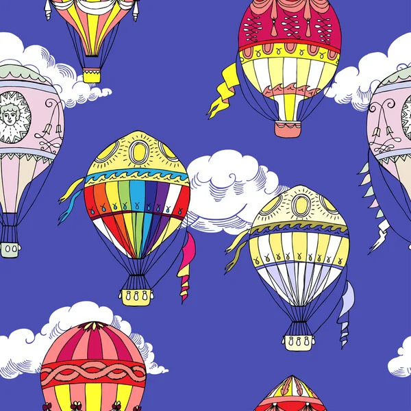 Naadloze patroon met wolken en hete lucht ballonnen — Stockvector