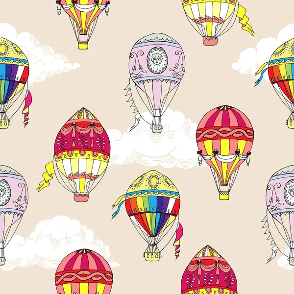 Seamless pattern with clouds and hot air ballons — Stock Vector