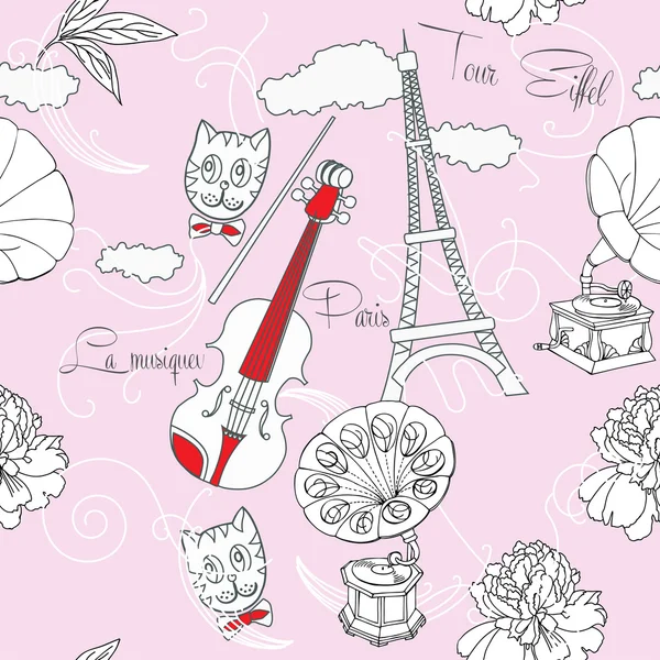 Seamless pattern with  Paris and music