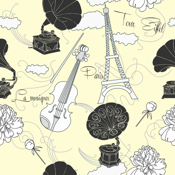 Seamless pattern with  Paris and music — Stock Vector