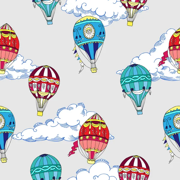 Patrón sin costuras con nubes y globos de aire caliente — Vector de stock