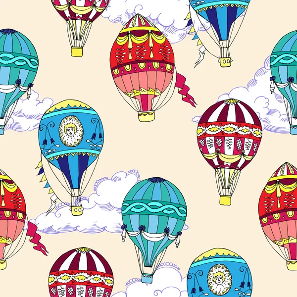 Naadloze patroon met wolken en hete lucht ballons — Stockvector